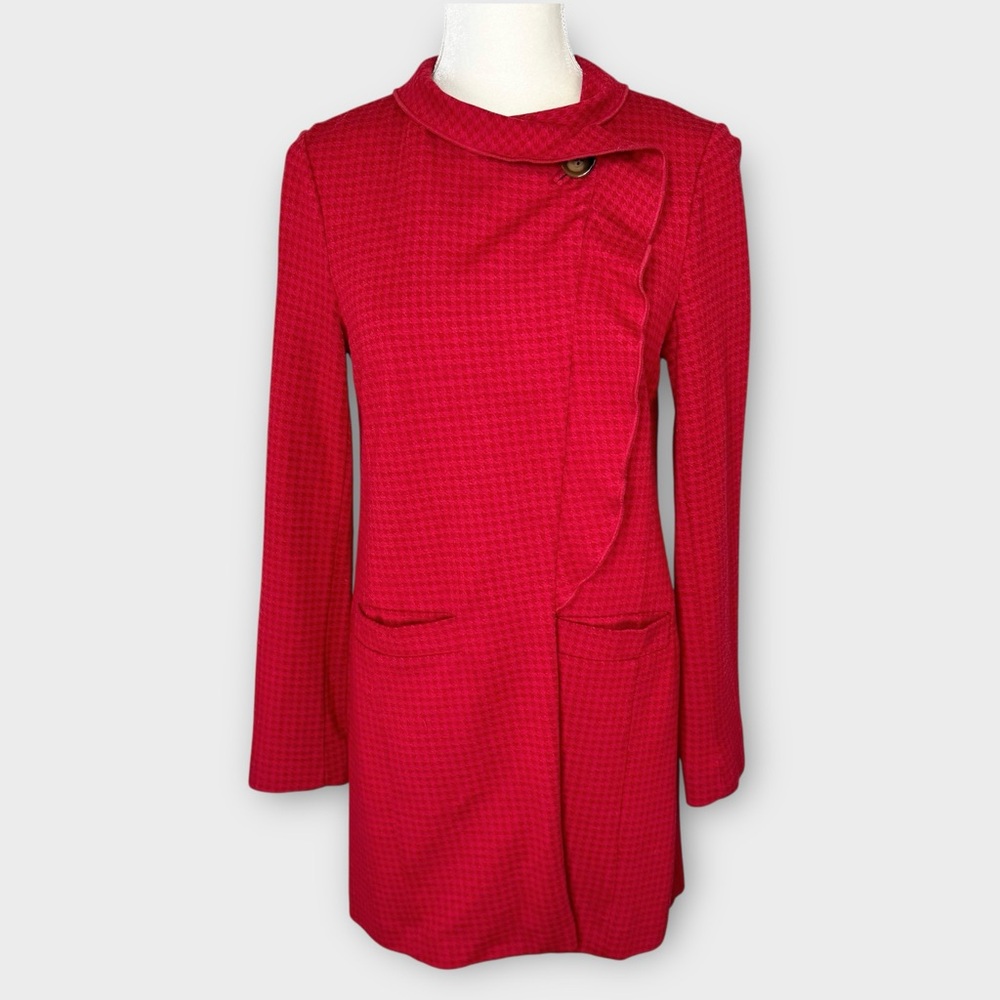 CAbi Red Houndstooth Long Coat S Chic Elegant Ponte Asymmetrical Ruffle Peacoat - Picture 4 of 13